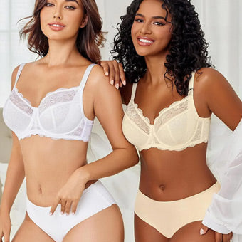 Two models wearing underwire bras, one in white and one in beige.