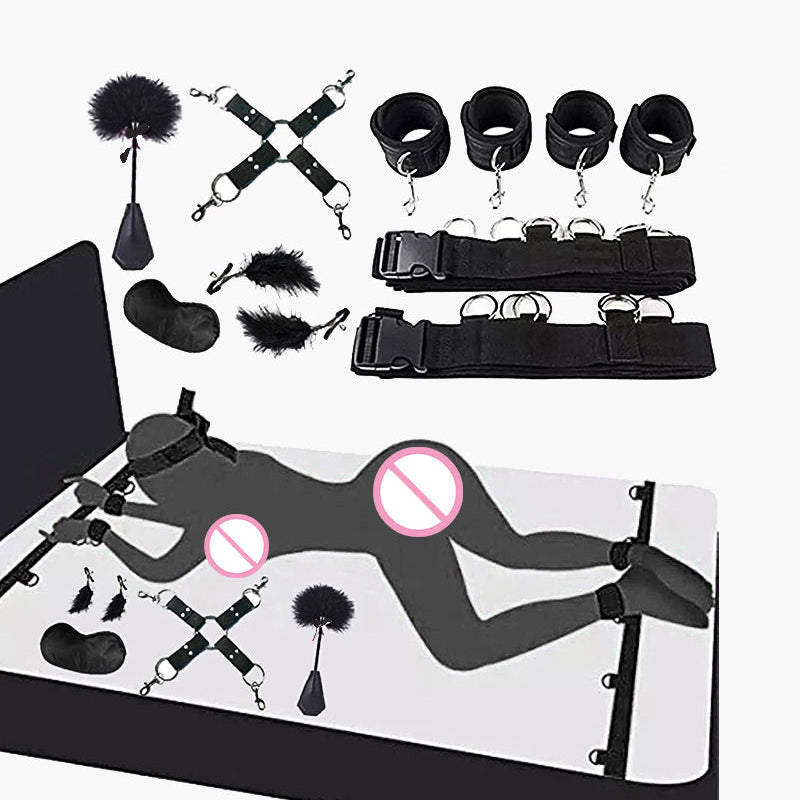 A collection of BDSM gear, including cuffs, straps, and a feather tickler, arranged next to a diagram of their use.