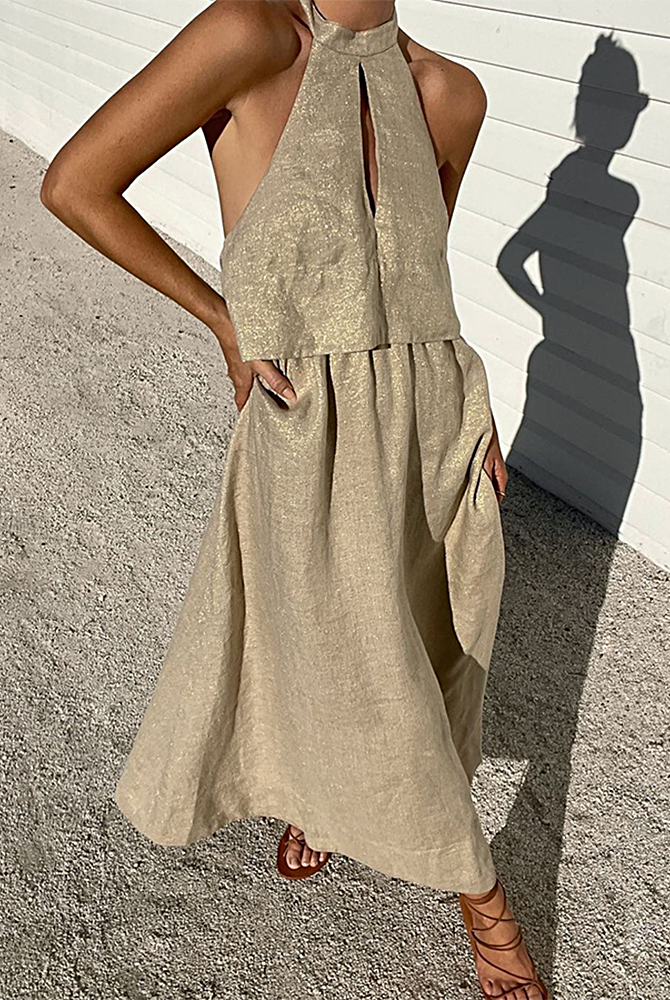 Apricot halter crop top and tiered maxi skirt set, sleeveless with front slit