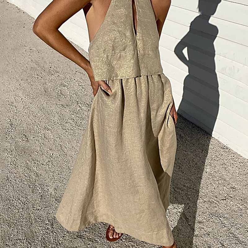 Apricot halter crop top and tiered maxi skirt set, sleeveless with front slit