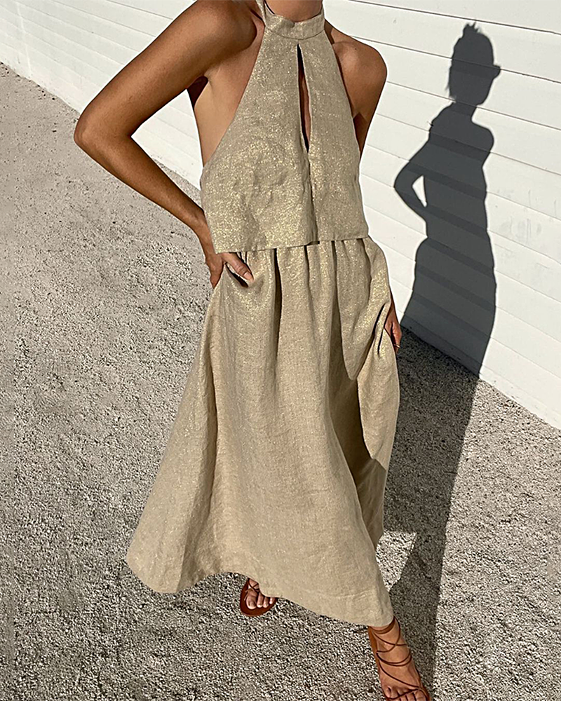 Beige halter dress for women, perfect for summer, featuring a keyhole design and linen-like fabric