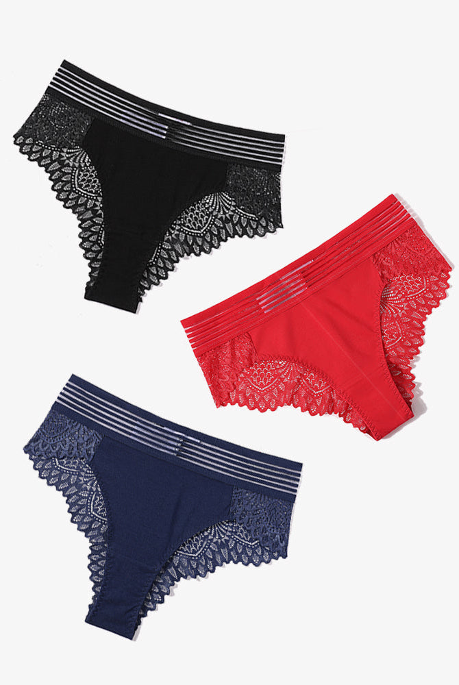 Black, red, and blue lace cheeky hipster panties, showcasing comfort and sexy design.