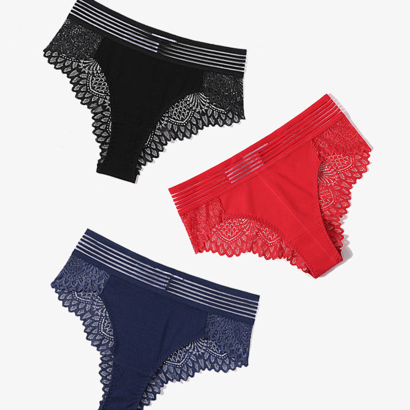 Black, red, and blue lace cheeky hipster panties, showcasing comfort and sexy design.
