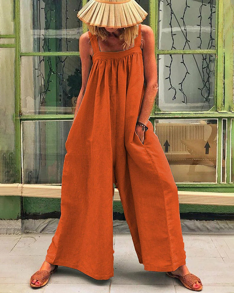 Orange linen and cotton jumpsuit with wide legs and square neckline