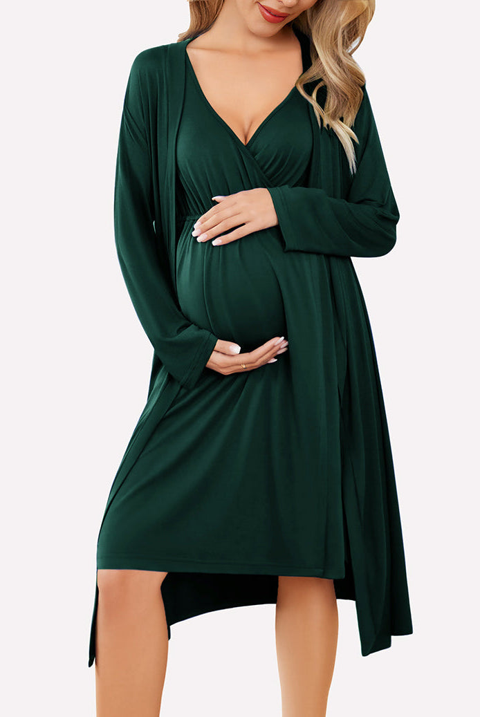 Dark green nursing nightgown with V-neck and belted waist, paired with a long robe