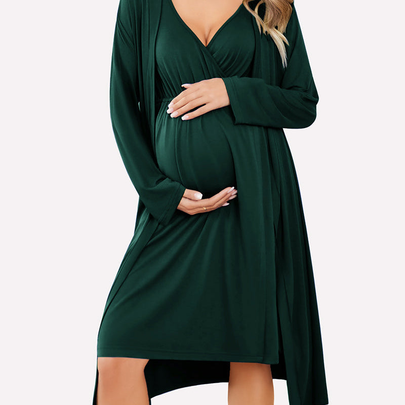 Dark green nursing nightgown with V-neck and belted waist, paired with a long robe