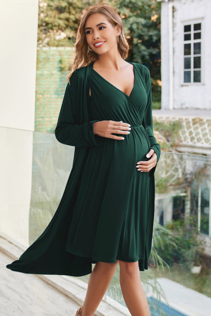 Dark green nursing nightgown with V-neck, layered with a long draped robe