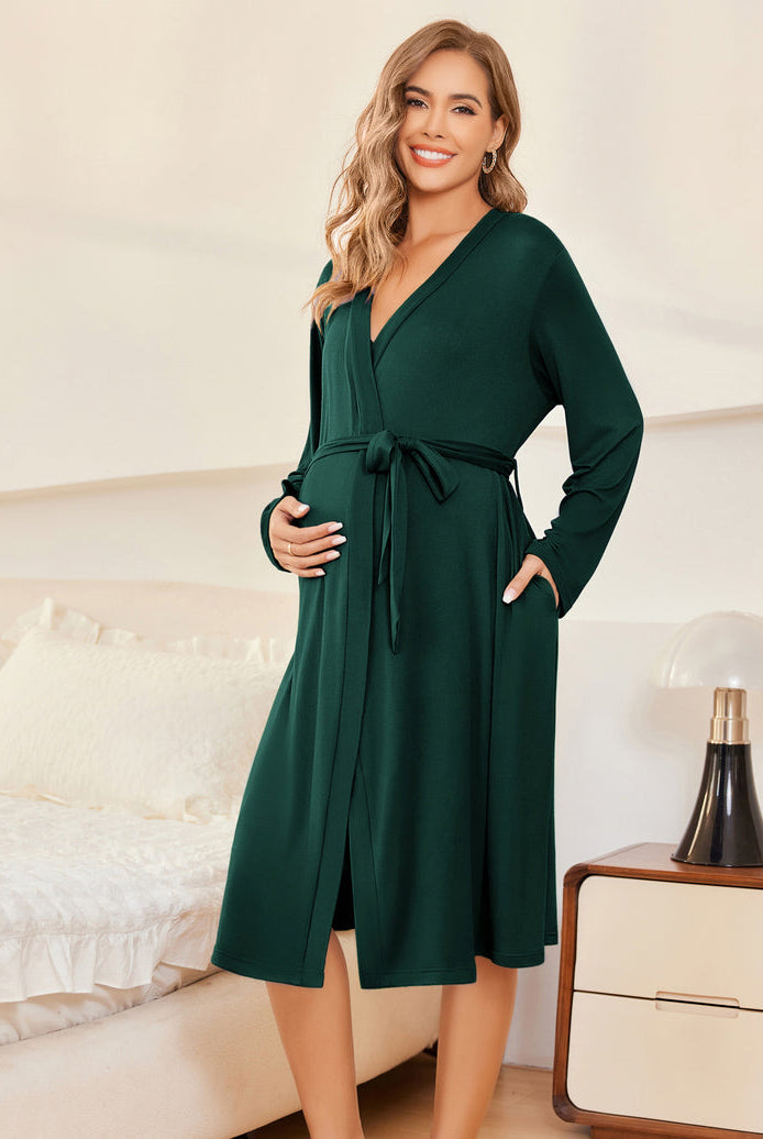 Dark green belted nursing dress with V-neck, wearing a matching open-front robe