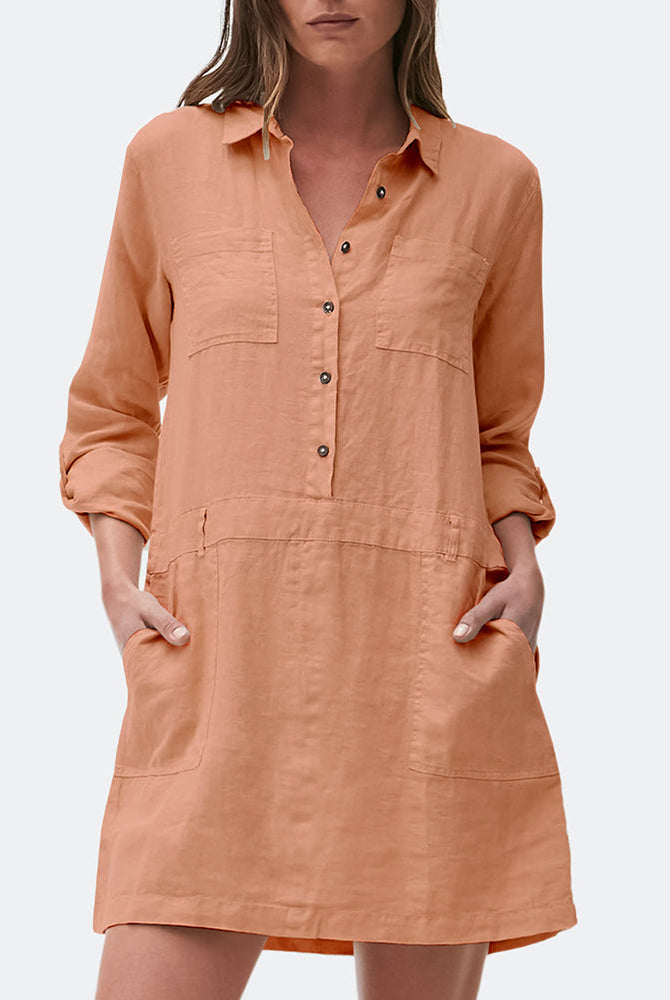Peach cotton linen midi dress with long sleeves and pockets, perfect for casual wear.