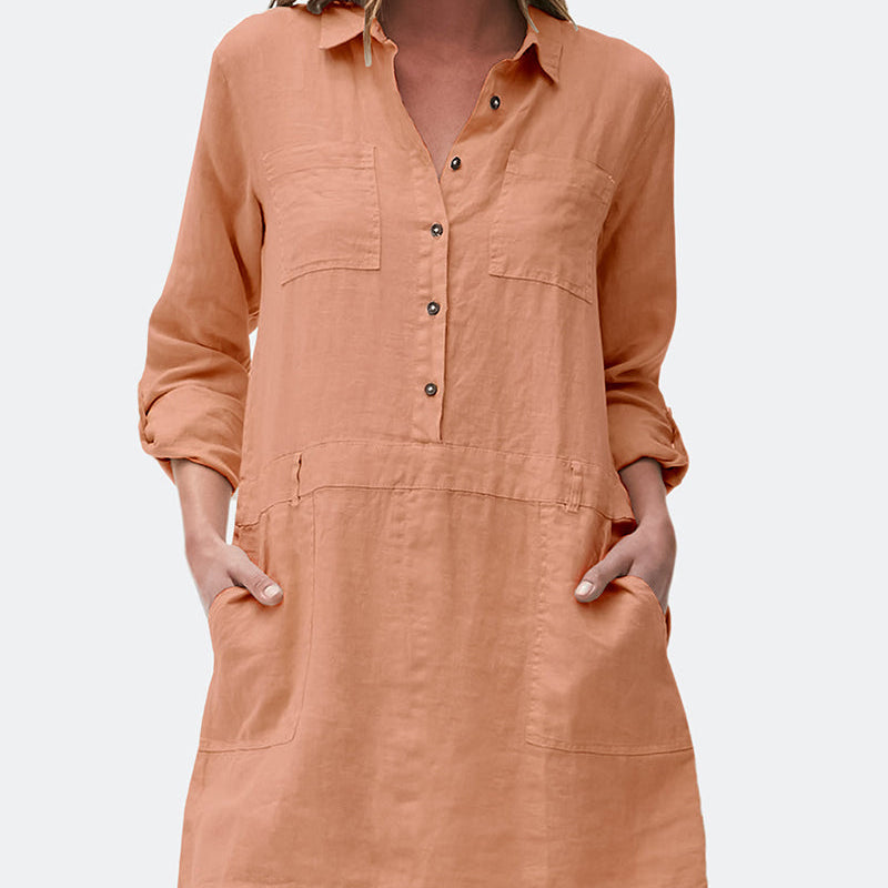 Peach cotton linen midi dress with long sleeves and pockets, perfect for casual wear.