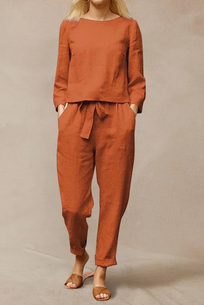 Burnt orange cotton two-piece pants set, perfect for leisure and vacation wear.