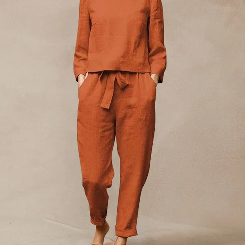 Burnt orange cotton two-piece pants set, perfect for leisure and vacation wear.