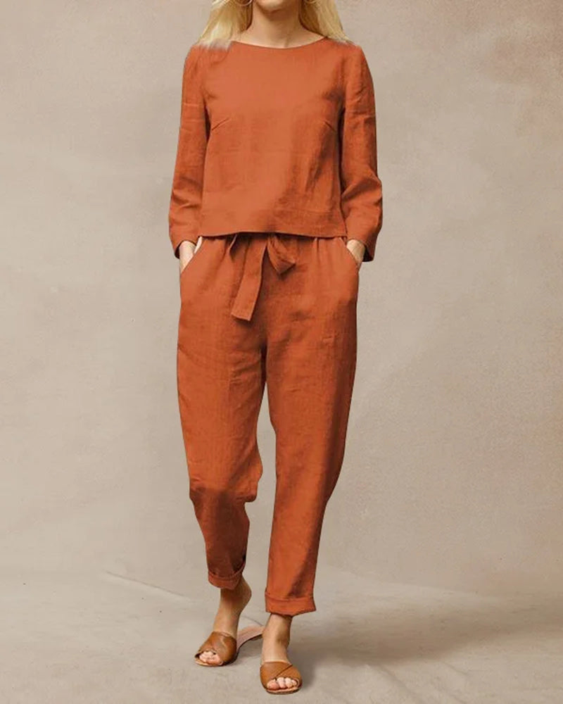 Burnt orange cotton two-piece pants set, perfect for leisure and vacation wear.