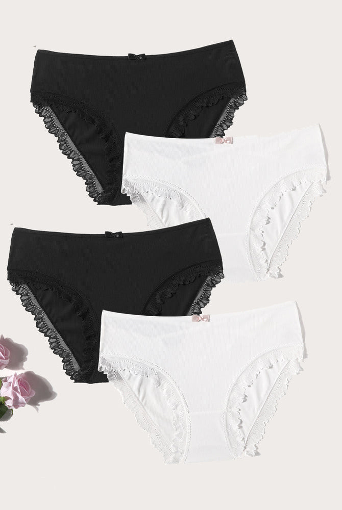 4-pack panties set: black and white lace-trim briefs with scalloped edges