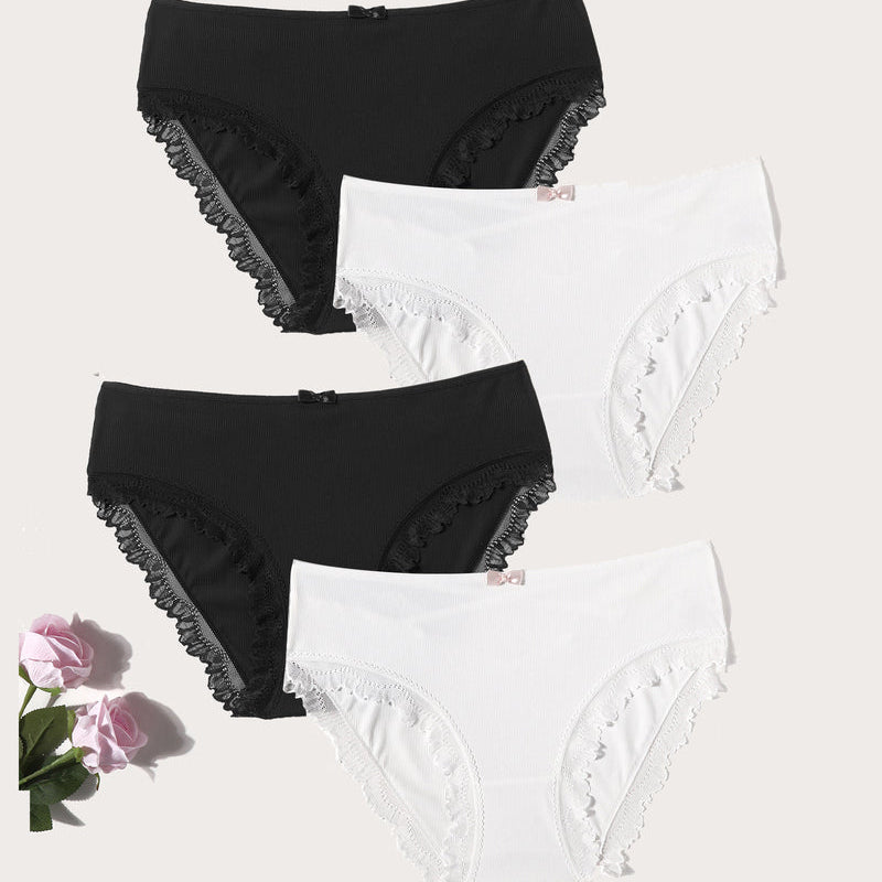 4-pack panties set: black and white lace-trim briefs with scalloped edges