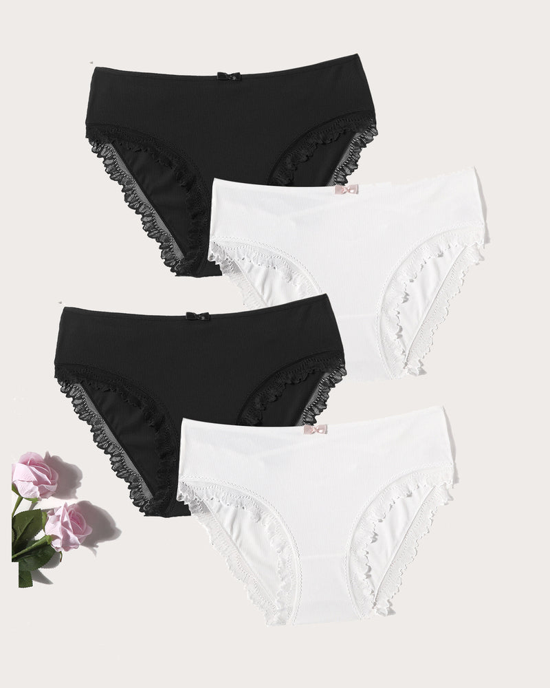 Black and white lace trim panties set with bow accents and lace trim, flattering women's lingerie.