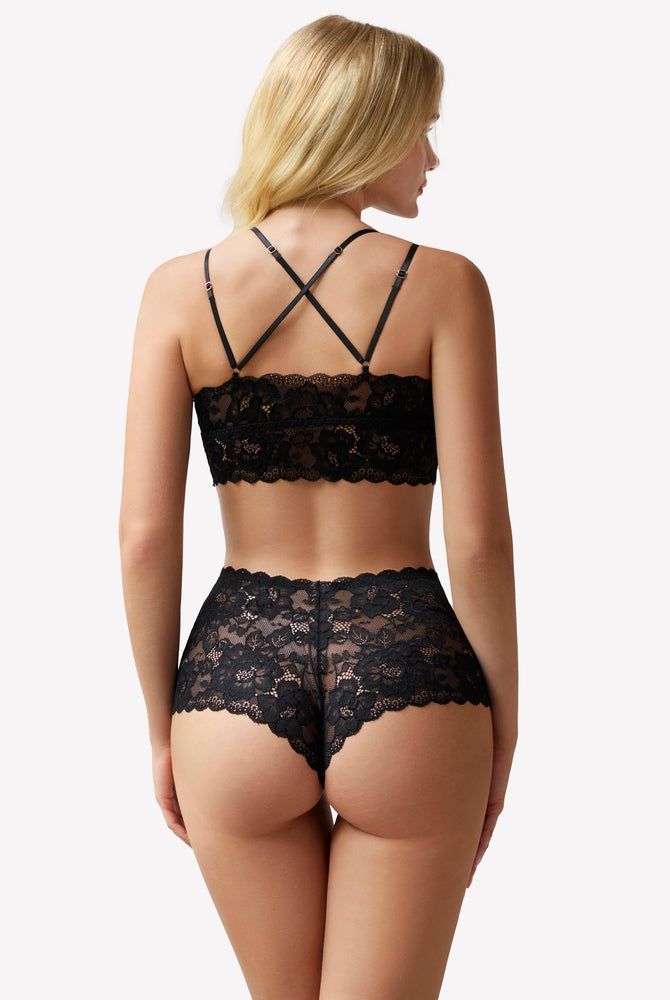 Black lace bra and panty set. Floral lace lingerie with adjustable straps for a sexy look.
