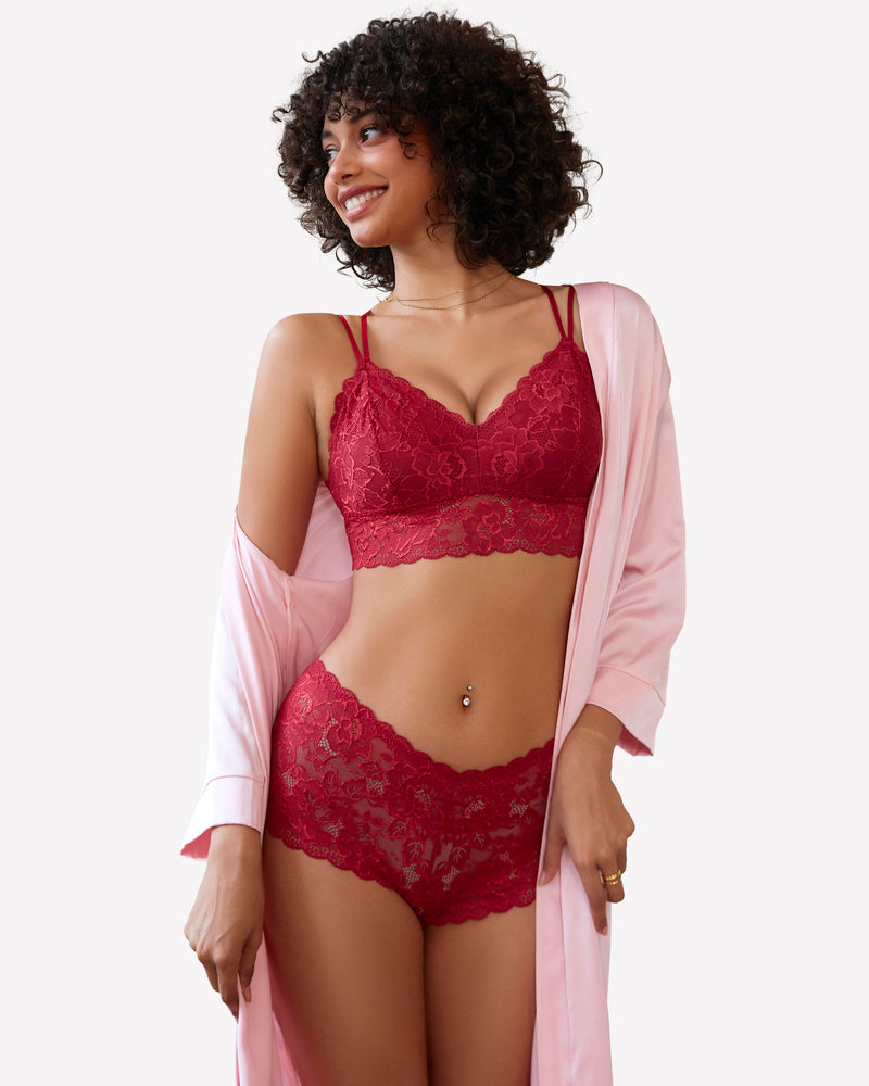 Red floral lace bra and panty set for women. Sexy and comfortable lingerie design.