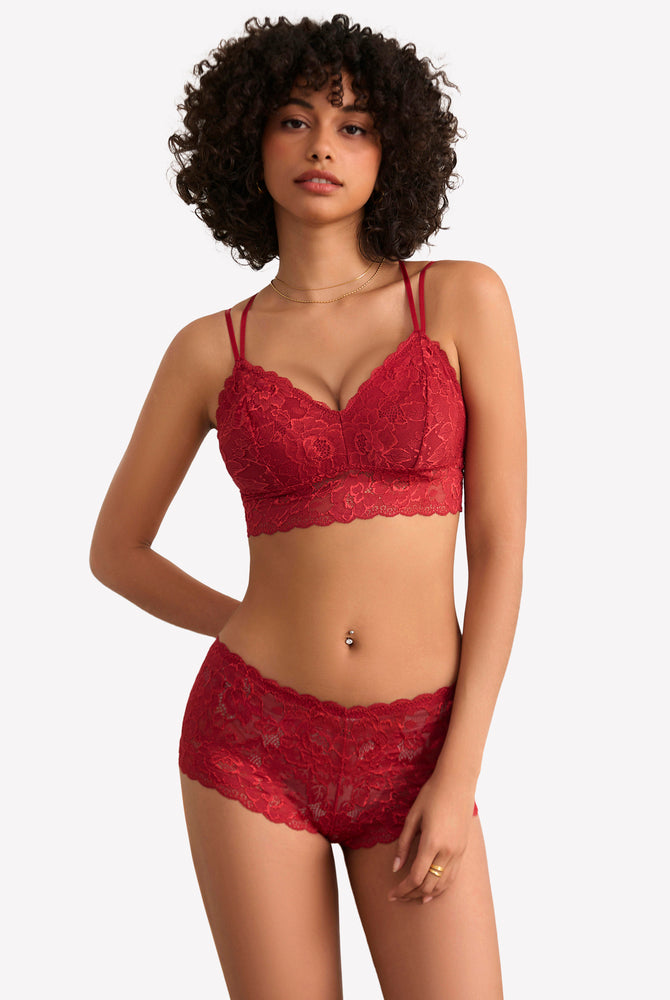 Red floral lace bra and panty set. Sexy lingerie for women. Comfortable and stylish design.