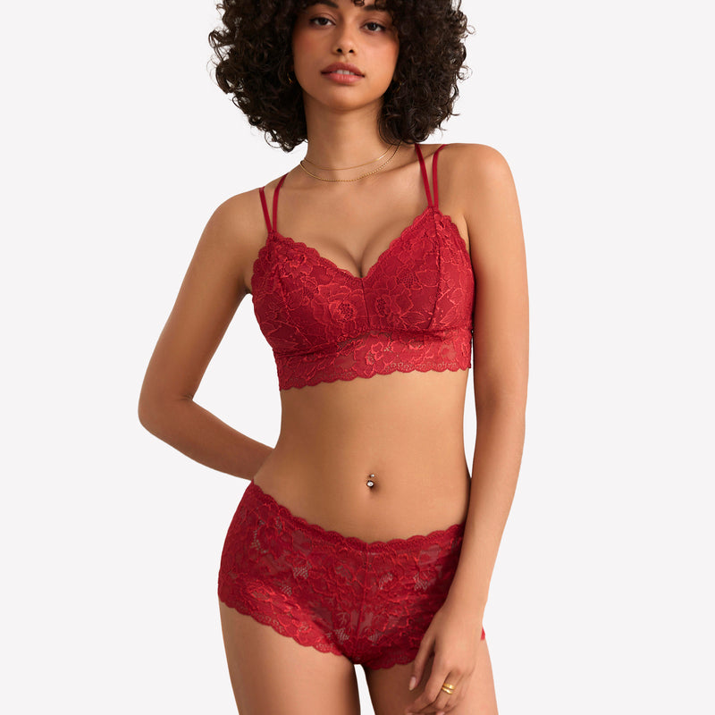 Red floral lace bra and panty set. Sexy lingerie for women. Comfortable and stylish design.