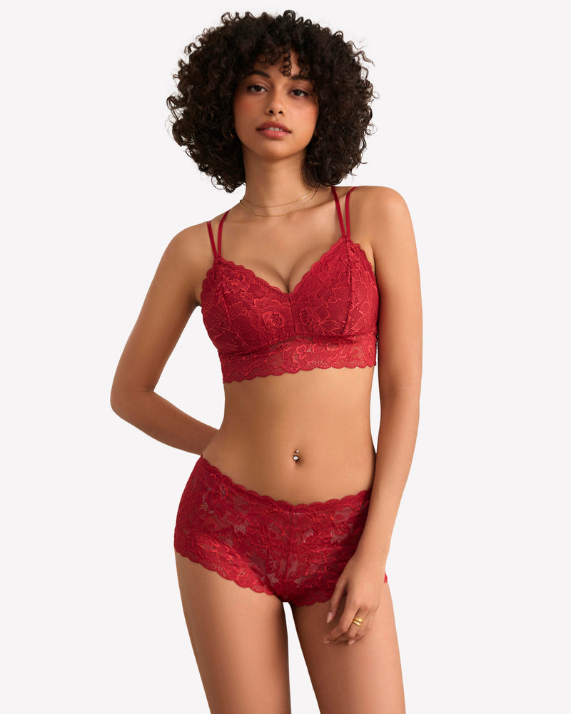 Red floral lace bra and panty set. Sexy lingerie for women. Comfortable and stylish design.