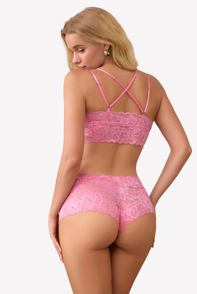 Pink floral lace bra and panty set. Sexy lingerie for women. Comfortable and stylish design.