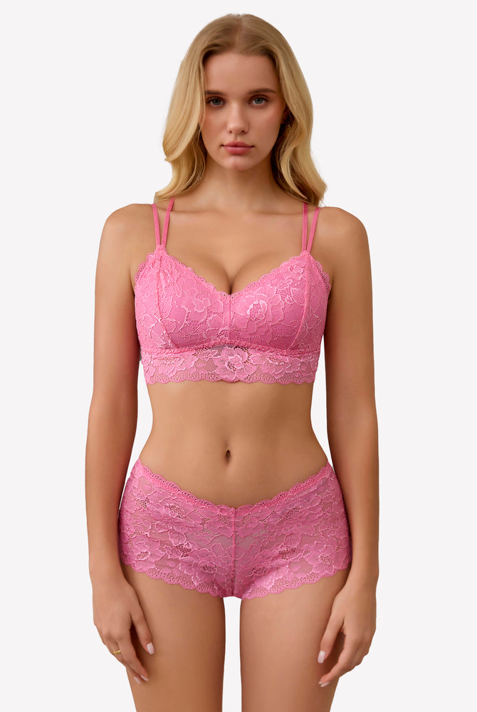 Pink floral lace lingerie set. Sexy floral lace bra and panty for women. Comfortable design.