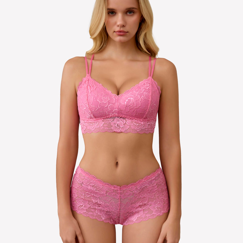 Pink floral lace lingerie set. Sexy floral lace bra and panty for women. Comfortable design.