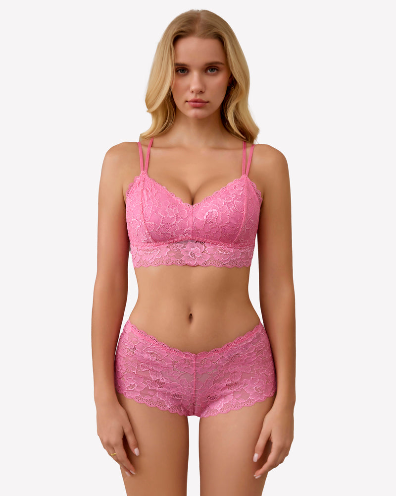 Pink floral lace lingerie set. Sexy floral lace bra and panty for women. Comfortable design.