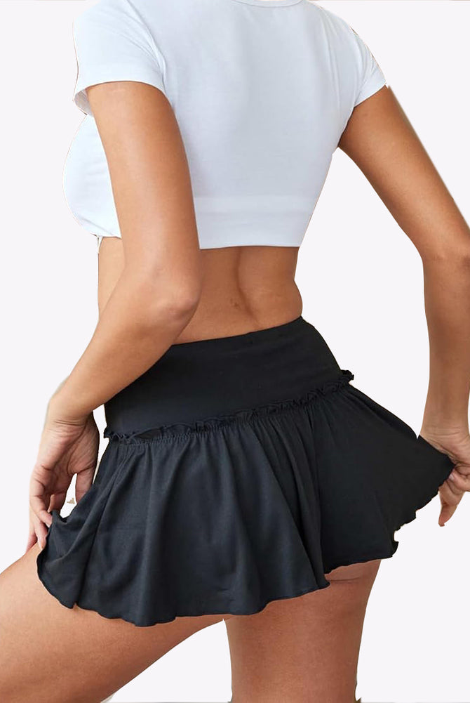 Black ruffle mini skirt with stretchy waist, cute look. Part of Avidlove lingerie