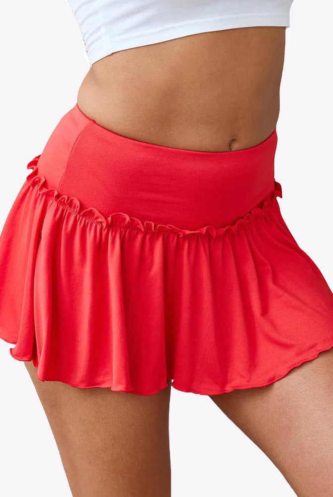 Red ruffle mini skirt with stretchy waistband. Comfortable and breathable, cute look.