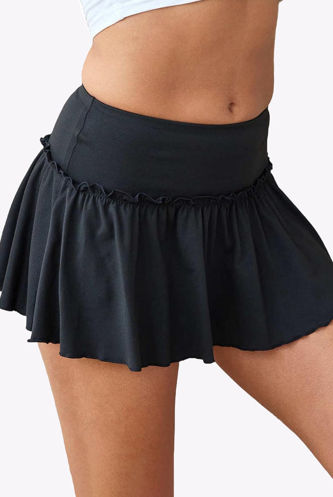 Black ruffle mini skirt with stretchy waistband, for a cute look, soft and skin-friendly fabric