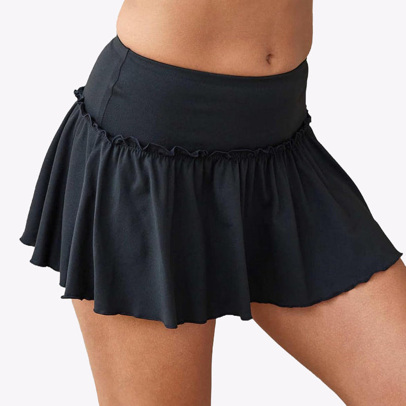 Black ruffle mini skirt with stretchy waistband, for a cute look, soft and skin-friendly fabric