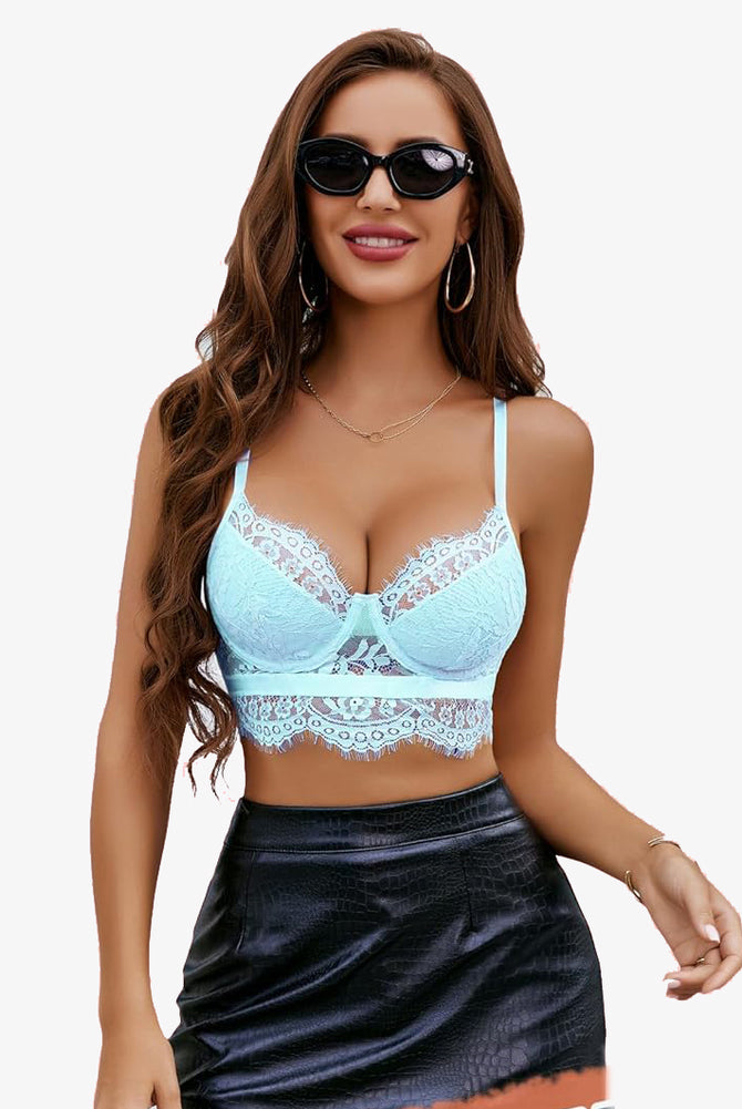 Light blue lace bustier corset cami top, showing details and fit on model, key product feature.