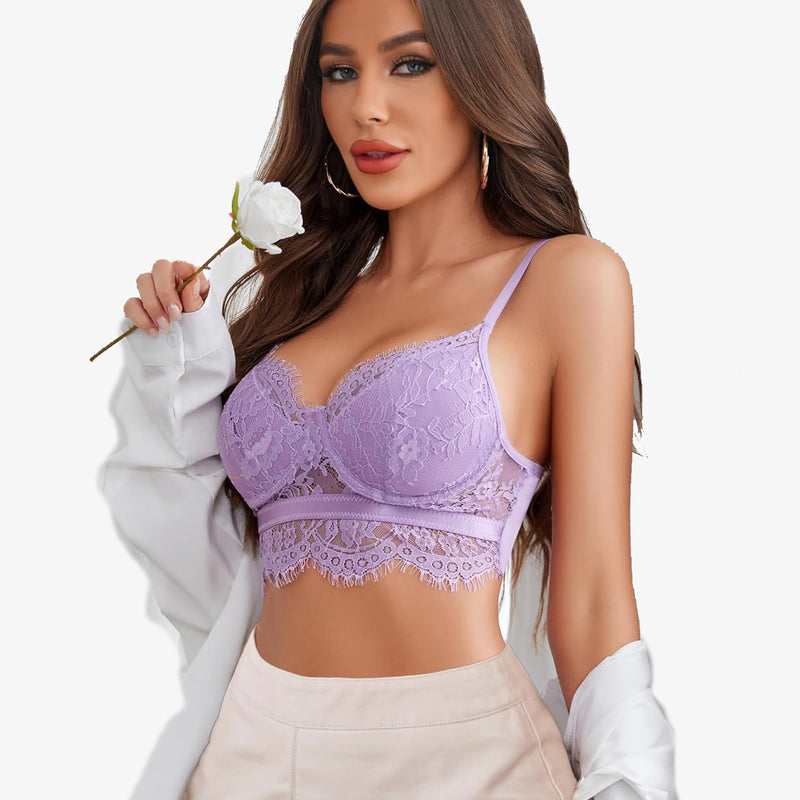 Light purple lace bustier cami top from Avidlove, model wearing, adjustable straps, lingerie style