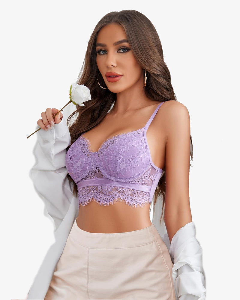 Light purple lace bustier cami top from Avidlove, model wearing, adjustable straps, lingerie style