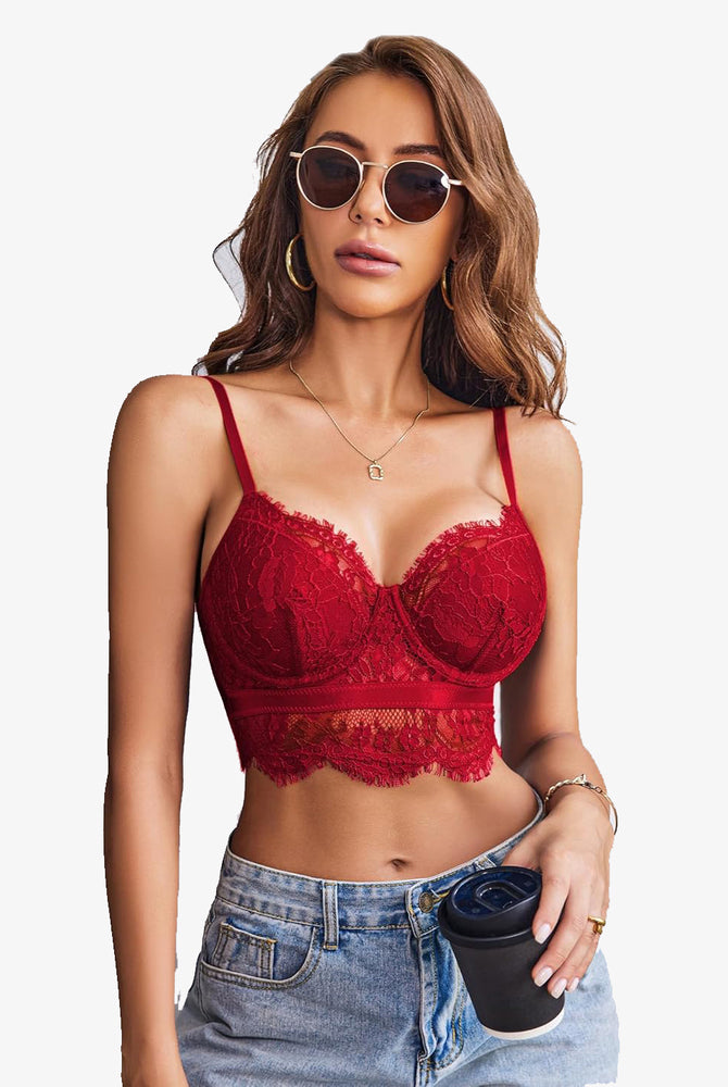 Red lace bustier corset cami top, model wearing sunglasses and jeans, lingerie style