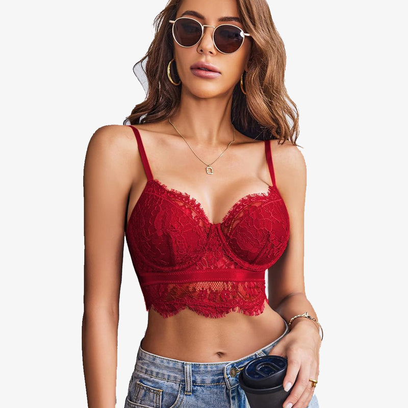 Red lace bustier corset cami top, model wearing sunglasses and jeans, lingerie style