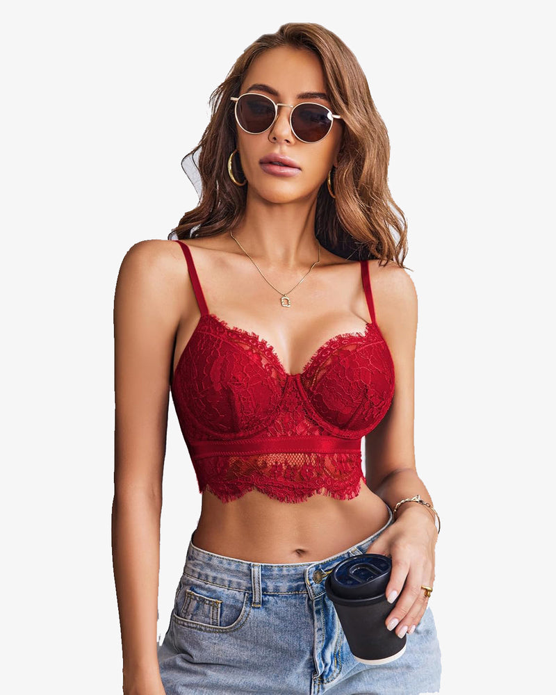Red lace bustier corset cami top, model wearing sunglasses and jeans, lingerie style