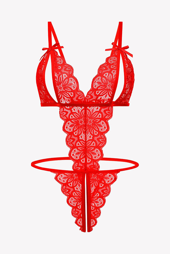 Red Avidlove lace bodysuit, deep V crotchless design, adjustable straps, floral lace, sexy lingerie.