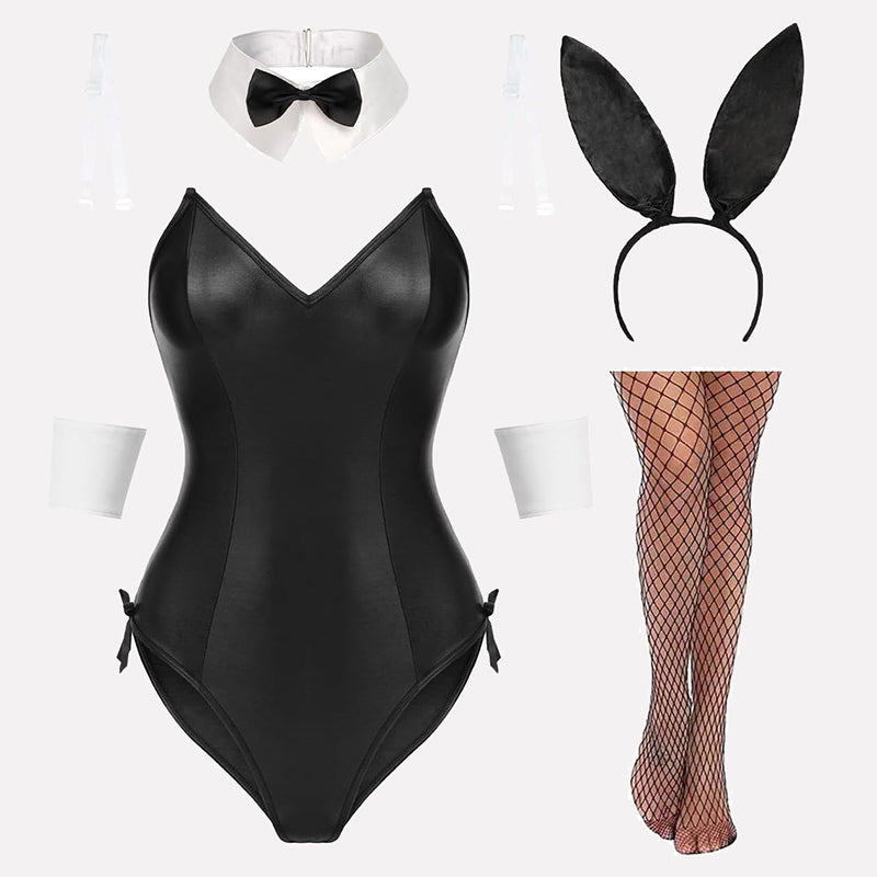 Black bunny lingerie set: bodysuit, collar, headband, stockings, cuffs. Cute and charming.