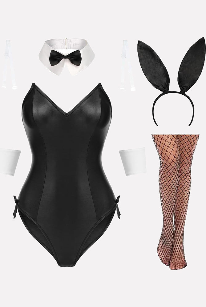 Black bunny lingerie set: bodysuit, collar, headband, stockings, cuffs. Cute and charming.