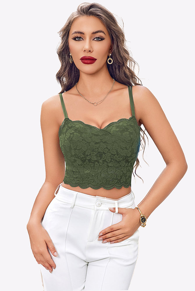 Green lace Y2K crop top with adjustable straps, worn by a model with white pants, sexy lingerie