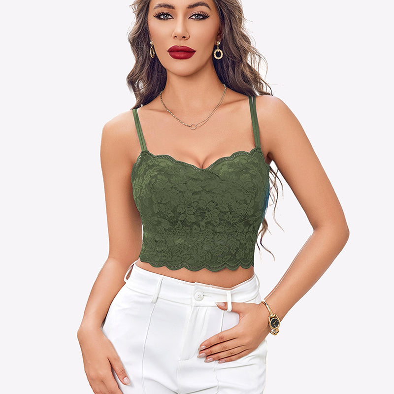 Green lace Y2K crop top with adjustable straps, worn by a model with white pants, sexy lingerie