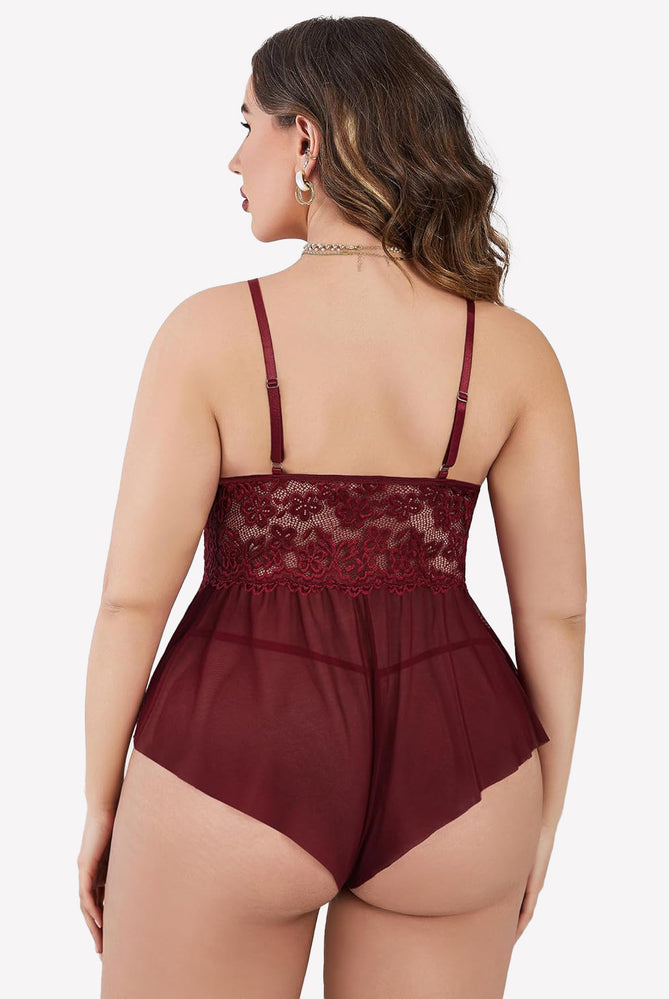 Plus size burgundy lace bodysuit, with lace trim and adjustable straps.
