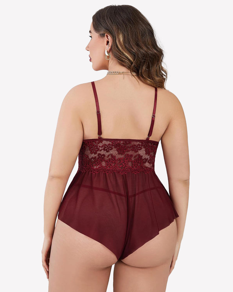 Plus size burgundy lace bodysuit, with lace trim and adjustable straps.