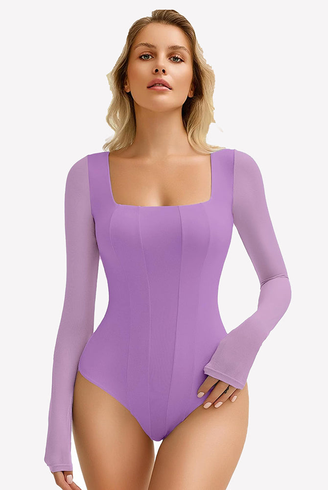 Avidlove lavender square neck mesh leotard top with long sleeves, bodycon fit for women