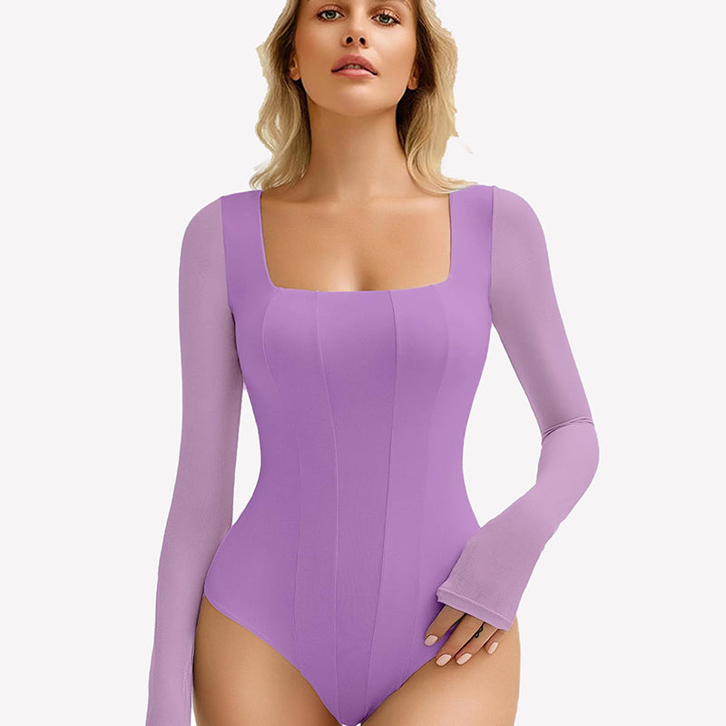 Avidlove lavender square neck mesh leotard top with long sleeves, bodycon fit for women