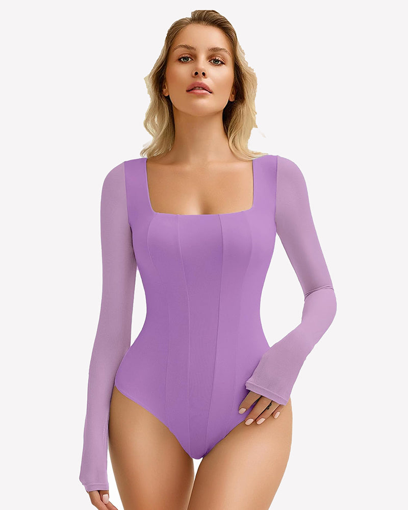 Avidlove lavender square neck mesh leotard top with long sleeves, bodycon fit for women