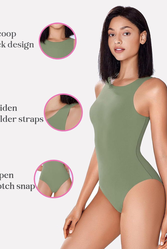 Olive green bodysuit shapewear: scoop neck, wide straps, open crotch snap for comfort and shaping.